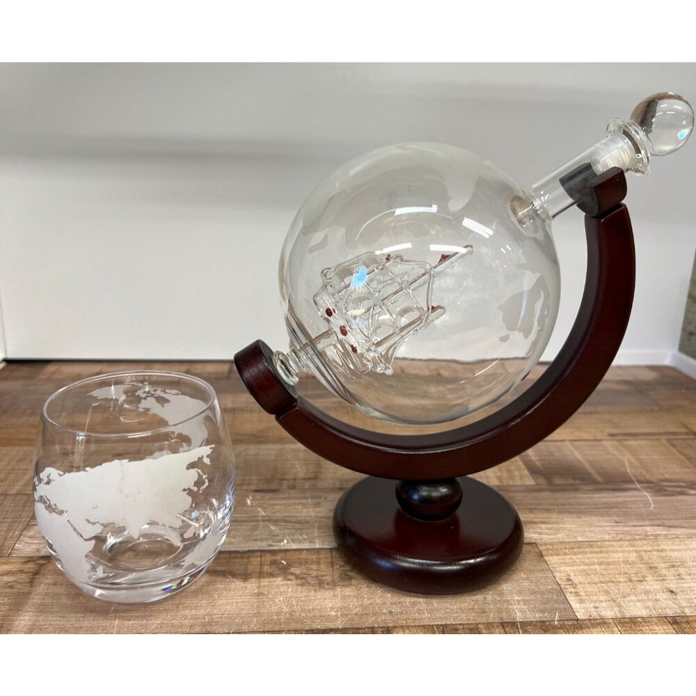Glass Globe Decanter With Ship & Etched World Map Whiskey Glass Set
